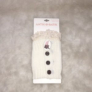 Boot cuff toppers with lace trim and wood buttons